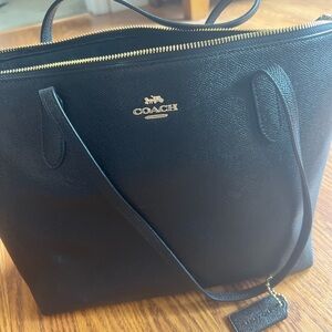 Coach Black Leather Tote with Gold Logo and Zip